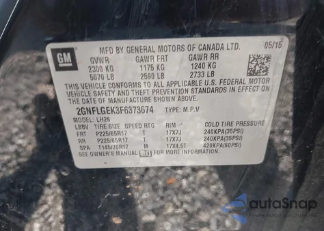 2015 Chevrolet Equinox 2Lt из США, поврежденный, VIN 2GNFLGEK3F6373674